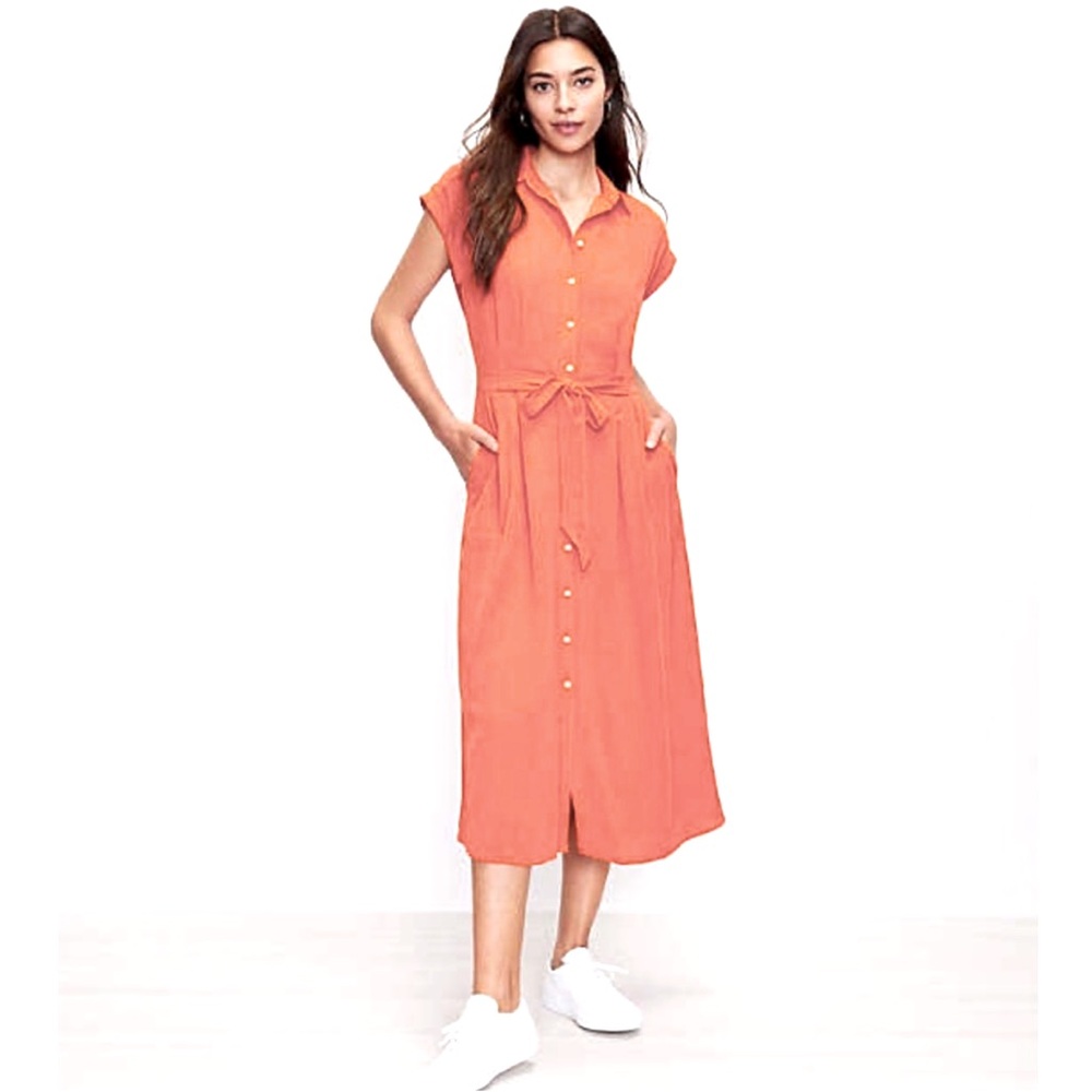 NWT Loft Belted Pocket Midi Rayon Linen Shirtdress w/ pockets Coral Orange sz 14